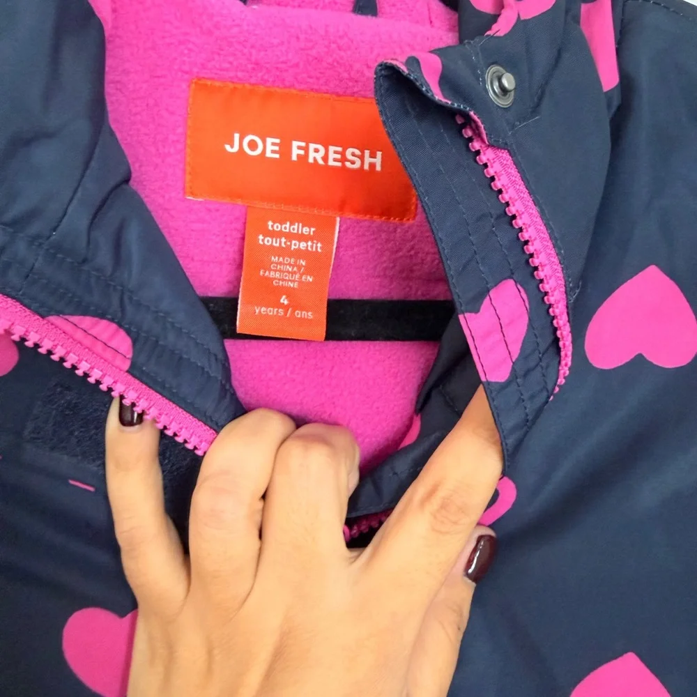 Joe Fresh Girls Puffer Jacket Navy Pink Hearts Size 4